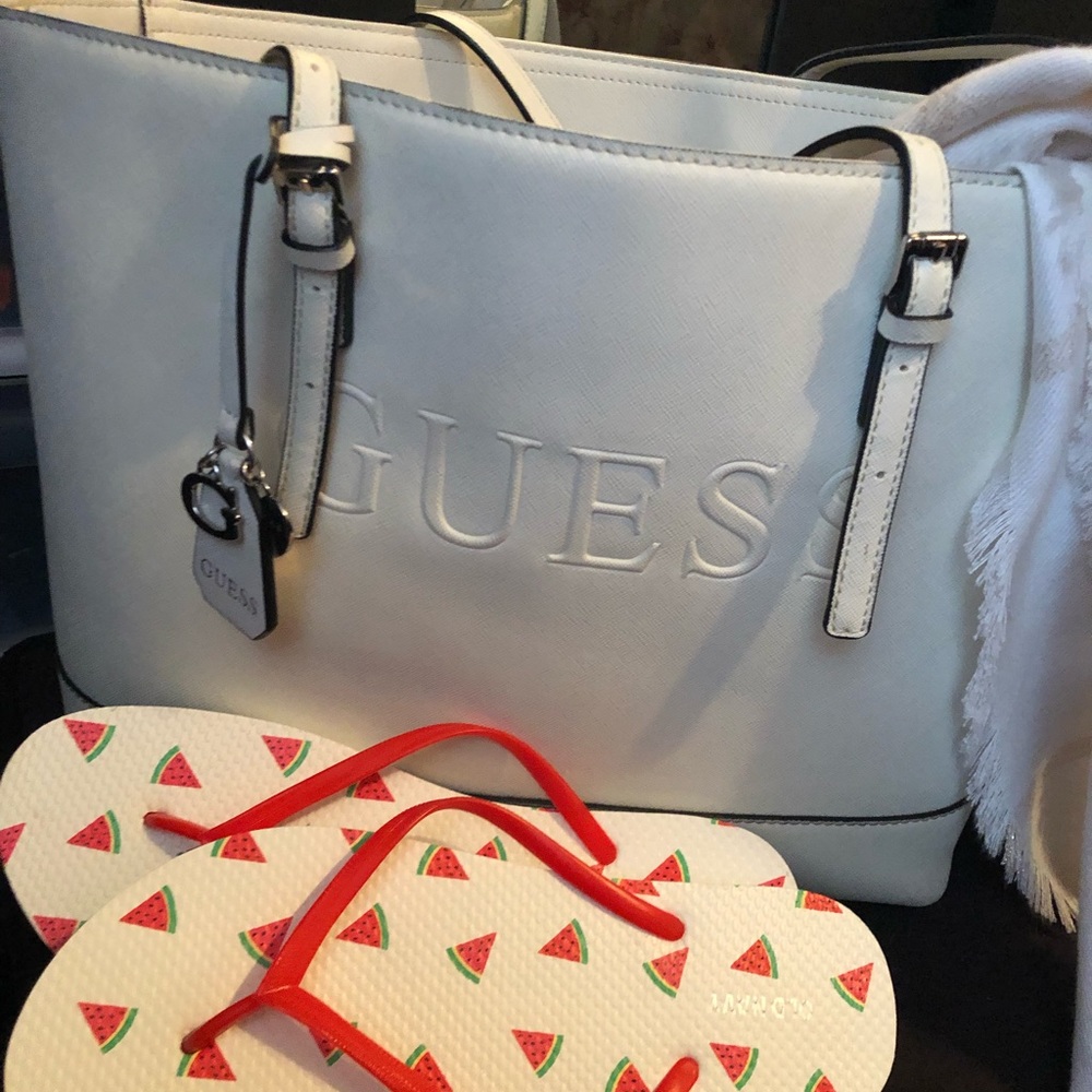 All white Guess large tote bag